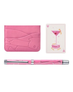 Boligrafo y wallet belius cocktails cosmopolitan aluminio rosa plateado relievetinta color azul caja diseño
