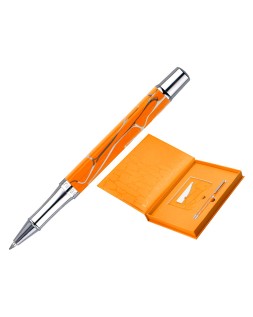 Boligrafo y wallet belius cocktails mimosa aluminio naranja plateado relieve tintacolor azul caja de diseño