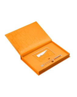 Boligrafo y wallet belius cocktails mimosa aluminio naranja plateado relieve tintacolor azul caja de diseño