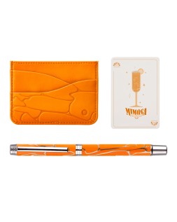 Boligrafo y wallet belius cocktails mimosa aluminio naranja plateado relieve tintacolor azul caja de diseño