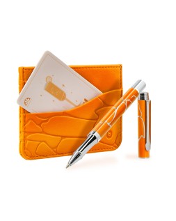 Boligrafo y wallet belius cocktails mimosa aluminio naranja plateado relieve tintacolor azul caja de diseño