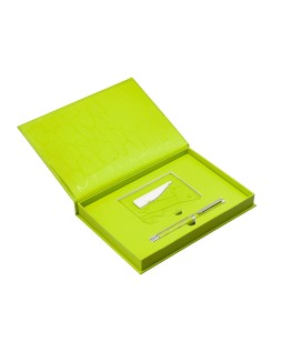 Boligrafo y wallet belius cocktails margarita aluminio verde lima plateado relieve tinta color azul caja de