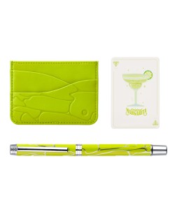 Boligrafo y wallet belius cocktails margarita aluminio verde lima plateado relieve tinta color azul caja de