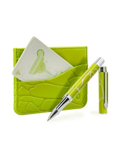 Boligrafo y wallet belius cocktails margarita aluminio verde lima plateado relieve tinta color azul caja de