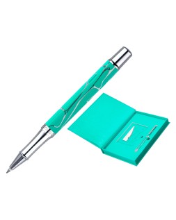 Boligrafo y wallet belius cocktails mojito aluminio verde plateado relieve tinta color azul caja de diseño