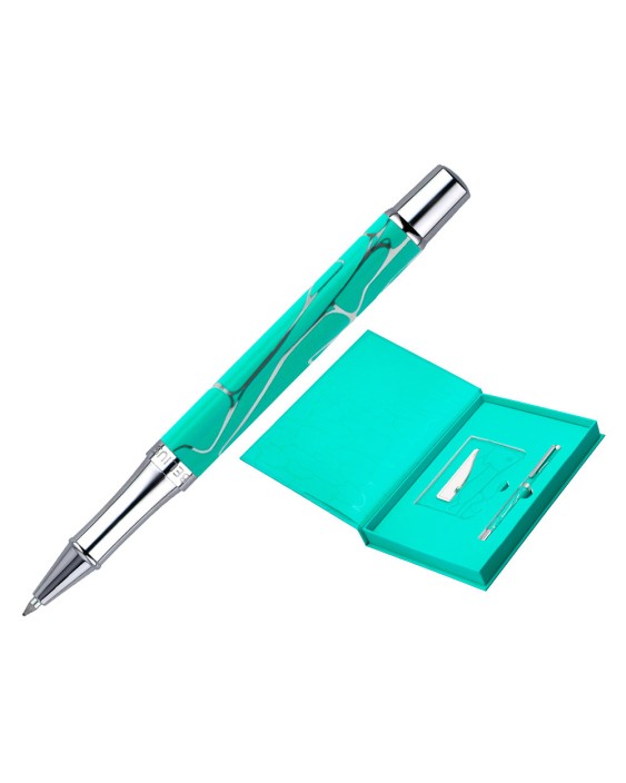 Boligrafo y wallet belius cocktails mojito aluminio verde plateado relieve tinta color azul caja de diseño