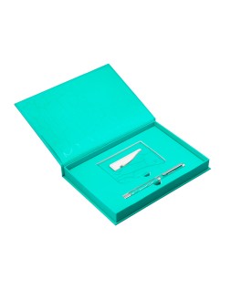 Boligrafo y wallet belius cocktails mojito aluminio verde plateado relieve tinta color azul caja de diseño