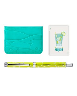Boligrafo y wallet belius cocktails mojito aluminio verde plateado relieve tinta color azul caja de diseño