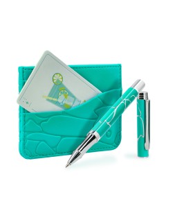 Boligrafo y wallet belius cocktails mojito aluminio verde plateado relieve tinta color azul caja de diseño