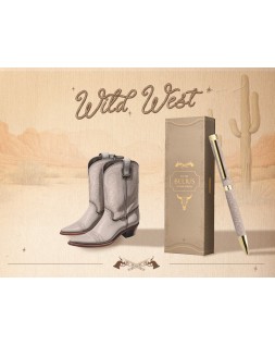 Boligrafo belius wild west aluminio color beige dorado tinta color azul caja de diseño