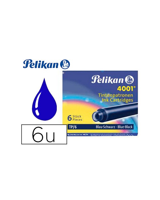 Tinta estilografica pelikan tp6 azul/negro caja de 6 cartuchos