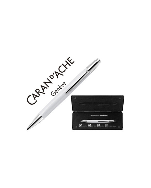 Boligrafo caran d'ache alchemix cuerpo laca blanca adornos cromados brillante con estuche punta media