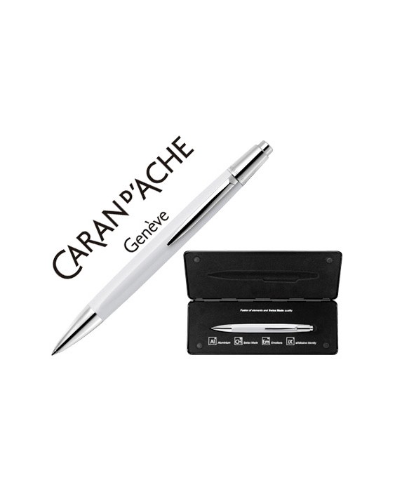 Boligrafo caran d'ache alchemix cuerpo laca blanca adornos cromados brillante con estuche punta media