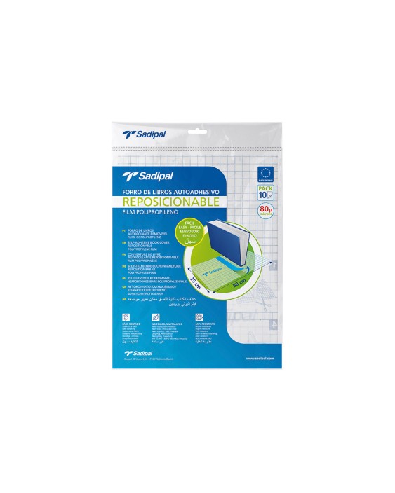 Forralibro adhesivo para libros sadipal reposicionable 80 mc 50x35 cm pack de 10 unidades