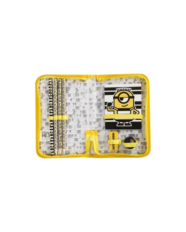 Bolso portatodo con cremallera minions con libreta goma sacapuntas y lapices colores