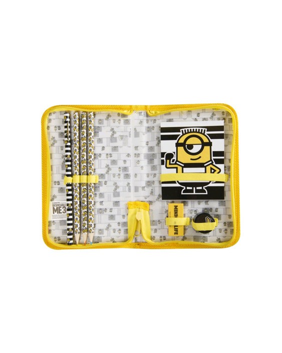 Bolso portatodo con cremallera minions con libreta goma sacapuntas y lapices colores