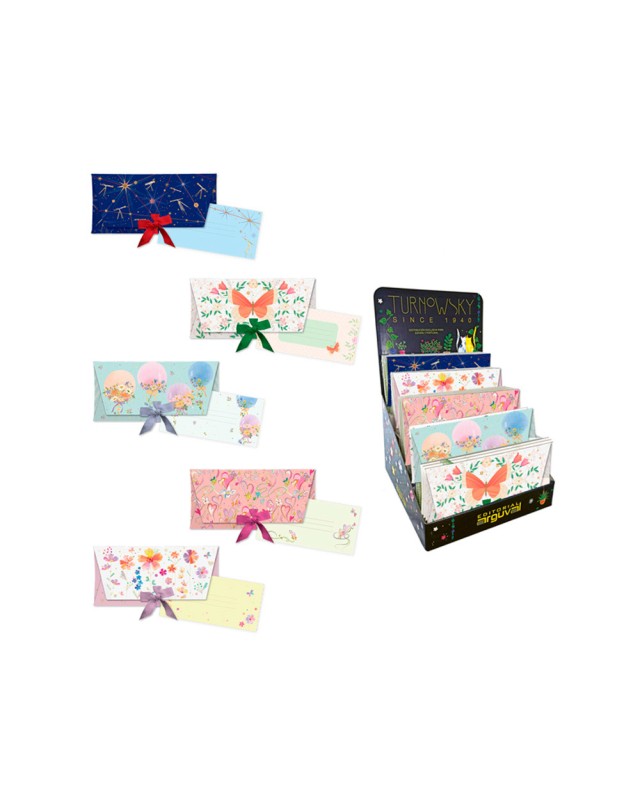 Sobres de regalo arguval con lazo + tarjeta 4 modelos papel 250 gr con relieve y holografia 23x11 cm