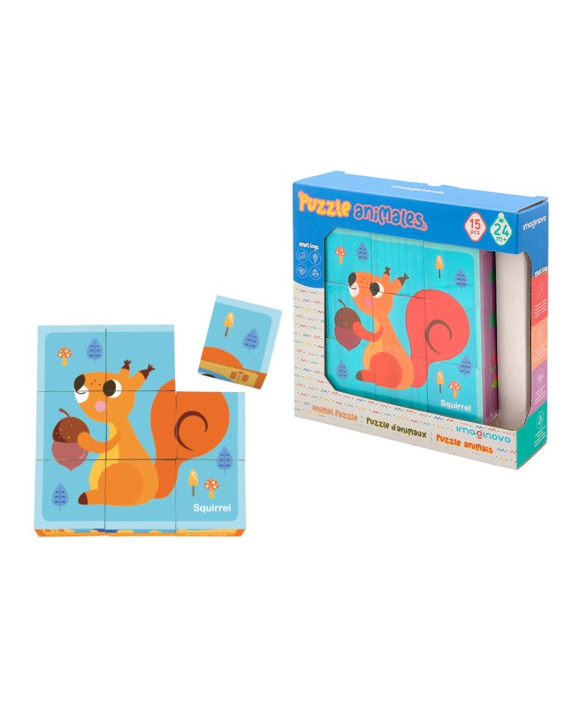 Puzle infantil imaginovo madera cubos de animales +24 meses 15 piezas incluye 12 patrones 22x22x6,4cm