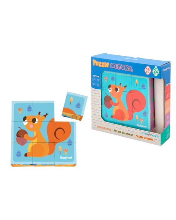 Puzle infantil imaginovo madera cubos de animales +24 meses 15 piezas incluye 12 patrones 22x22x6,4cm