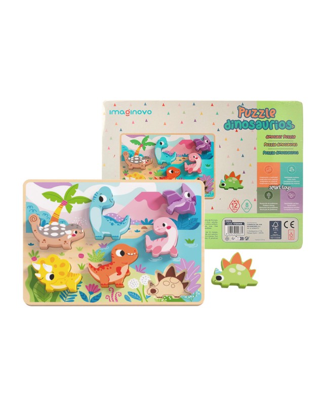 Puzle infantil imaginovo madera 3d dinosaurios +12 meses 8 piezas 29,5x22x1,7cm
