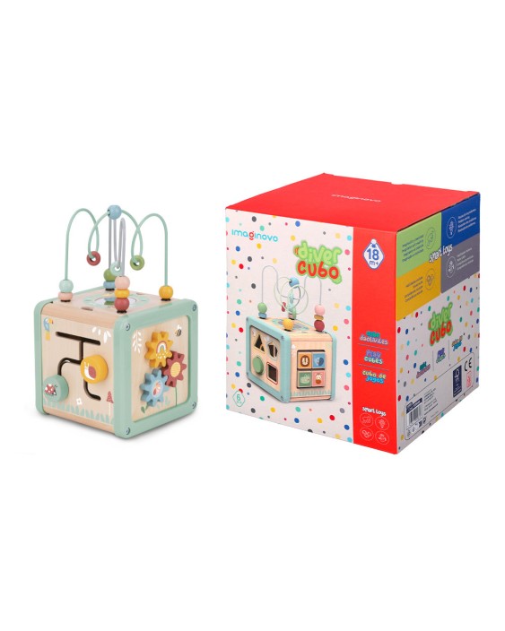 Juego infantil imaginovo madera cubo de actividades +18 meses 15,5x15,5x28cm