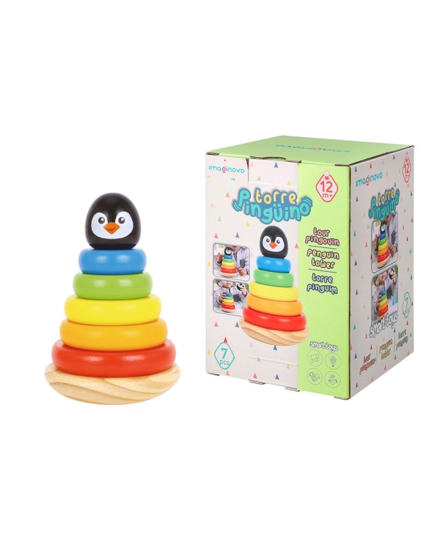 Juego infantil imaginovo madera forma de pinguino torre de formas apilables +12 meses 7 piezas 18x12x12cm