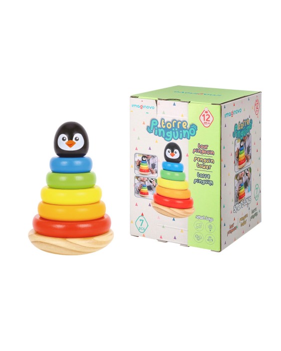 Juego infantil imaginovo madera forma de pinguino torre de formas apilables +12 meses 7 piezas 18x12x12cm