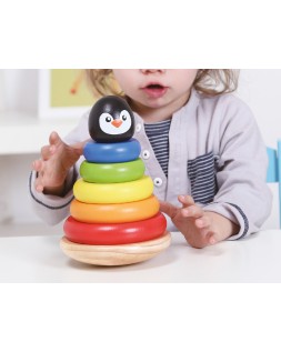Juego infantil imaginovo madera forma de pinguino torre de formas apilables +12 meses 7 piezas 18x12x12cm