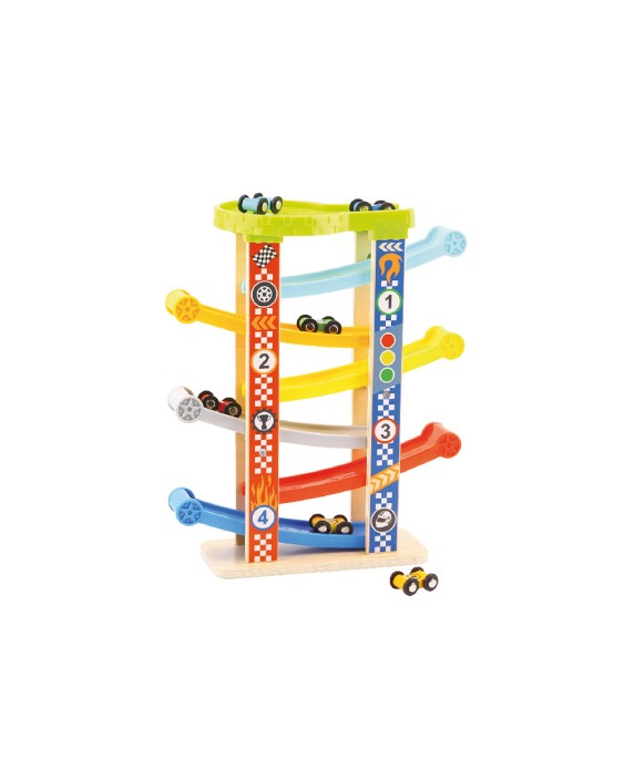 Juego infantil imaginovo madera torre de deslizamiento con 7 niveles incluye 6 coches +18 meses 38x32x14cm