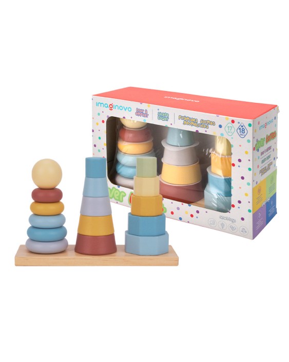 Juego infantil imaginovo madera torre de formas apilables +18 meses 17 piezas 28x20x9cm