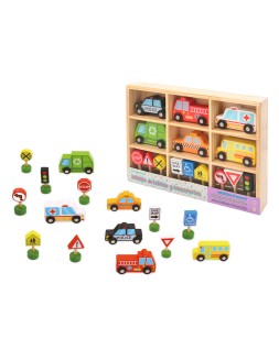 Juego infantil imaginovo madera vehiculos y señales de trafico +3 años 16 piezas 30x22x4cm