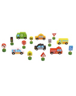 Juego infantil imaginovo madera vehiculos y señales de trafico +3 años 16 piezas 30x22x4cm