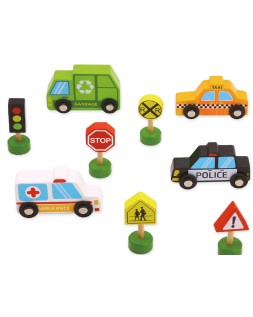 Juego infantil imaginovo madera vehiculos y señales de trafico +3 años 16 piezas 30x22x4cm