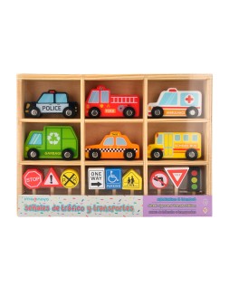 Juego infantil imaginovo madera vehiculos y señales de trafico +3 años 16 piezas 30x22x4cm