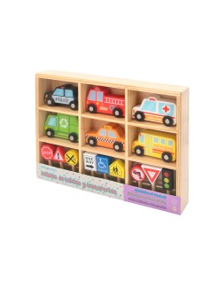 Juego infantil imaginovo madera vehiculos y señales de trafico +3 años 16 piezas 30x22x4cm