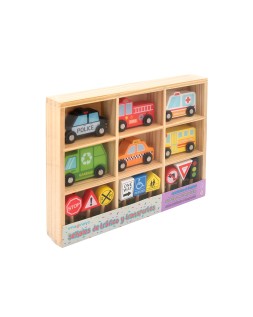 Juego infantil imaginovo madera vehiculos y señales de trafico +3 años 16 piezas 30x22x4cm