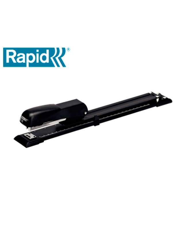 Grapadora rapid e15 metalica brazo largo capacidad 20 hojas usa grapas 24/6 y 26/26 color negro