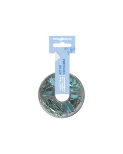 Set de papeleria imaginovo con clips 28mm pinzas 19mm y chinchetas azul
