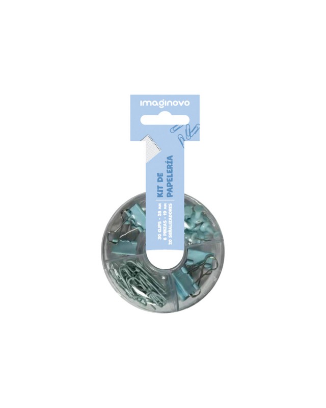 Set de papeleria imaginovo con clips 28mm pinzas 19mm y chinchetas azul