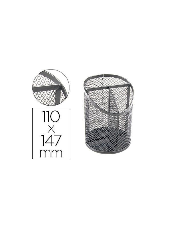 Cubilete portalapices q-connect plata metal redondo rejilla con 3 compartimentos diametro 110 mm alto 147 mm