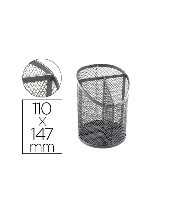 Cubilete portalapices q-connect plata metal redondo rejilla con 3 compartimentos diametro 110 mm alto 147 mm