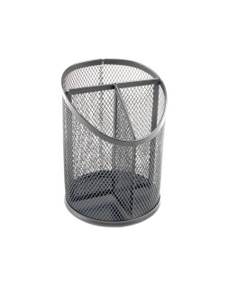 Cubilete portalapices q-connect plata metal redondo rejilla con 3 compartimentos diametro 110 mm alto 147 mm