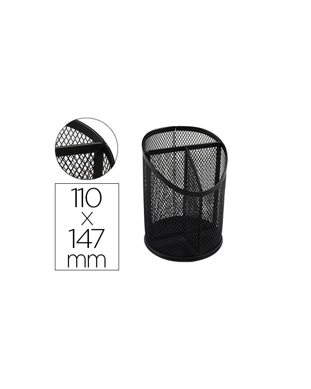 Cubilete portalapices q-connect negro metal redondo rejilla con 3 compartimentos diametro 110 mm alto 147 mm