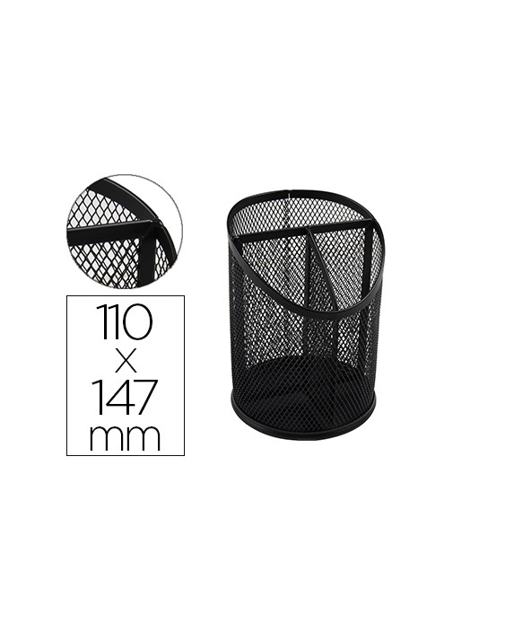 Cubilete portalapices q-connect negro metal redondo rejilla con 3 compartimentos diametro 110 mm alto 147 mm
