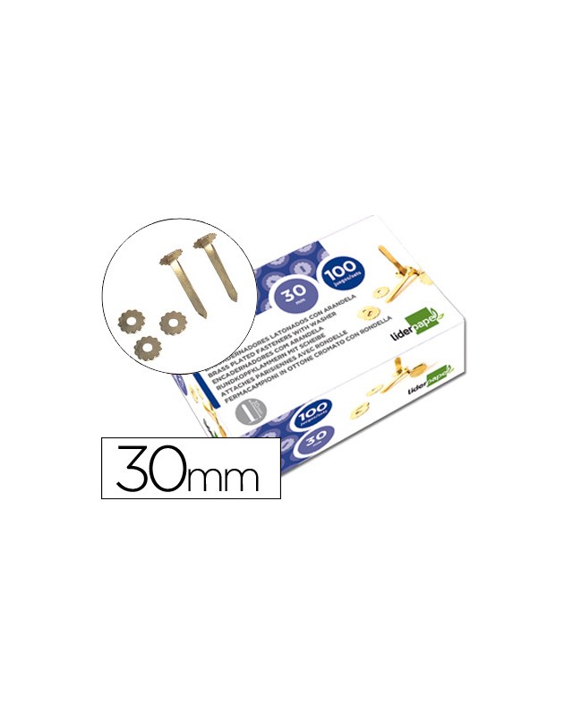 Encuadernadores liderpapel latonados con arandela 30 mm caja de 100 unidades