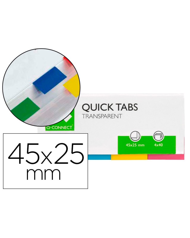 Banderitas separadoras q-connect 25x45 mm transparentes y color pack de 4 con 40 hojas