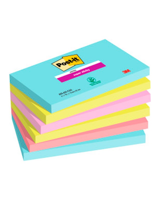 Bloc de notas adhesivas quita y pon post-it super sticky 76x127 mm con 90 hojas pack de 6 unidades colores miami
