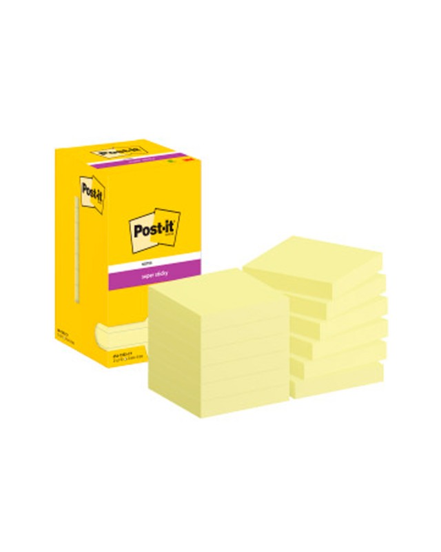 Bloc de notas adhesivas quita y pon post-it super sticky 76x76 mm con 12 bloc amarillo canario