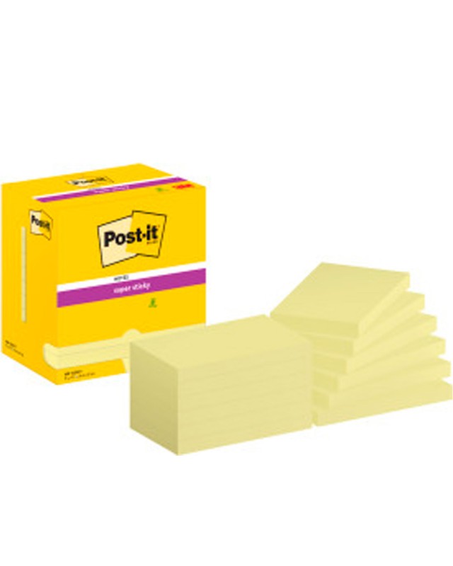 Bloc de notas adhesivas quita y pon post-it super sticky 76x127 mm con 12 bloc amarillo canario