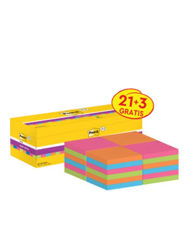 Bloc de notas adhesivas quita y pon post-it super sticky 76x76 mm 90 hojas colores surtidos pack de 21 + 3